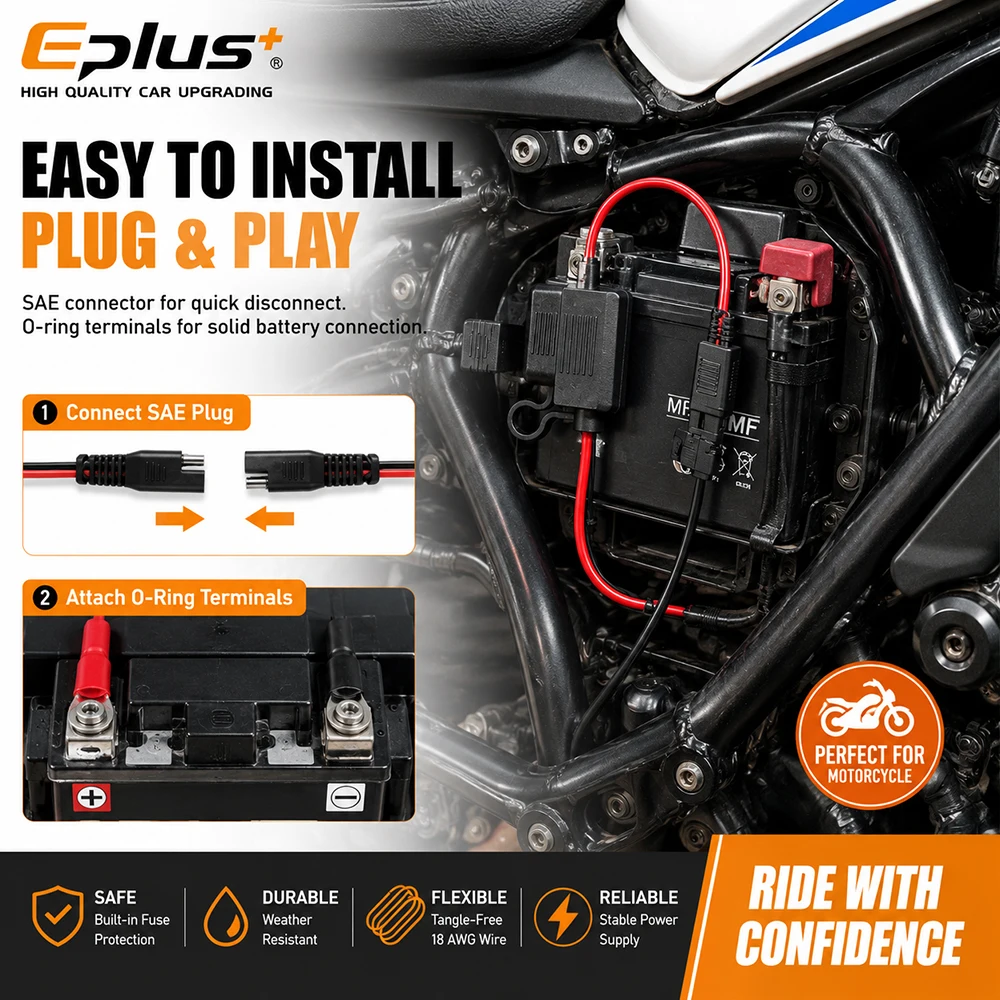 Кабель для подключения аккумулятора Eplus 10-18AWG, 60 см, SAE на кольцевой клемме с встроенным блоком предохранителей для автомобилей и лодок 12В24В (art.: 3920dc8b8a0fb) - 3920dc8b8a0fb
