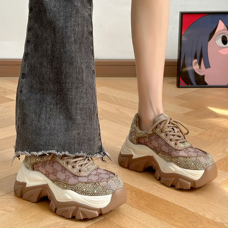 Rhinestone daddy shoes women 2023 summer new platform shoes breathable thick bottom increased pink sports and leisure shoes