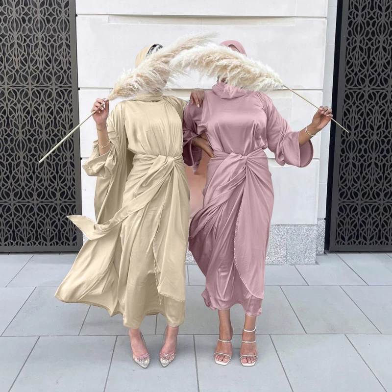 Женское длинное мусульманское платье Abayas, комплект из 3 предметов, атласная абайя, новый скромный дизайн, ИД Мубарак, мусульманская одежда, х...