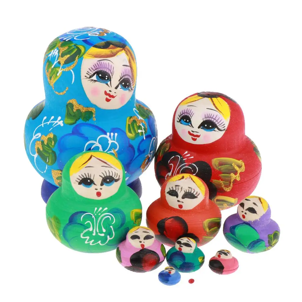 

10pcs Assorted with Flower Handmade Wooden Nesting Dolls Matryoshka