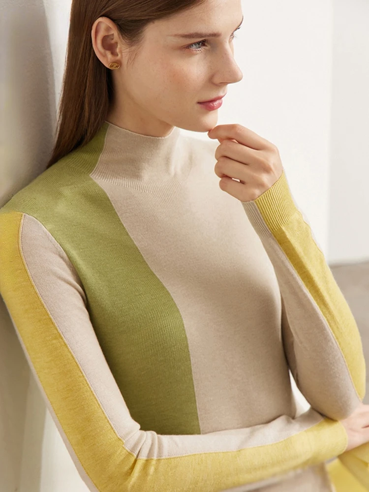 

Minimalism Knitted Sweater Women Autumn 2022 All-match Slim Half High Collar Splicing Design Soft Clothing Tops 12230325