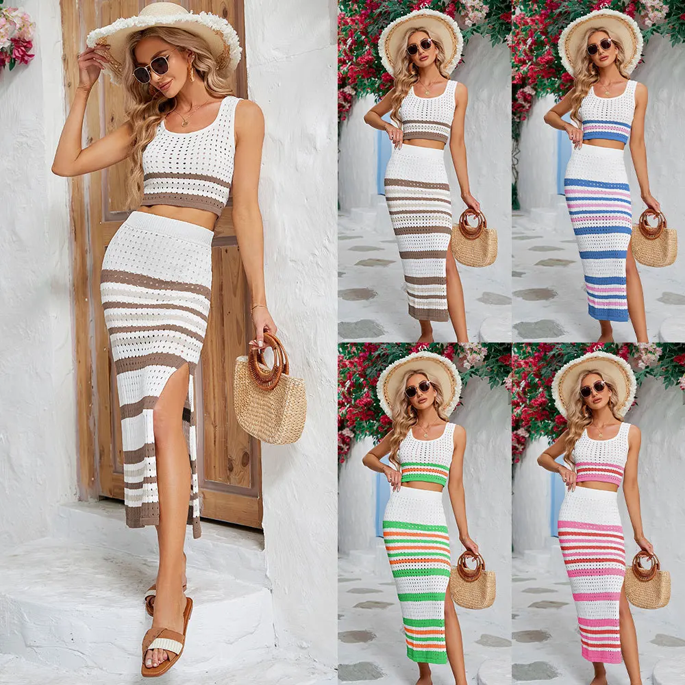 

New Square Neck Stripe Hollow out Set Short Tank Top Split Long Dress Women