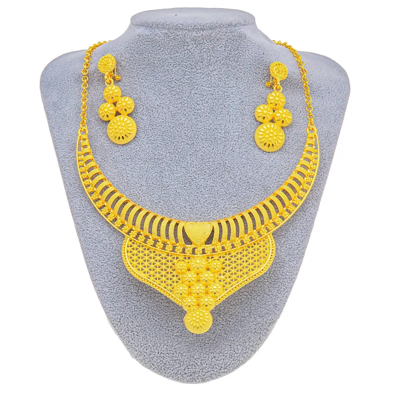Dubai Jewelry Sets Gold Necklace & Earring Set for Women African France Wedding Party Jewelery Ethiopia Bridal Gifts колье набор