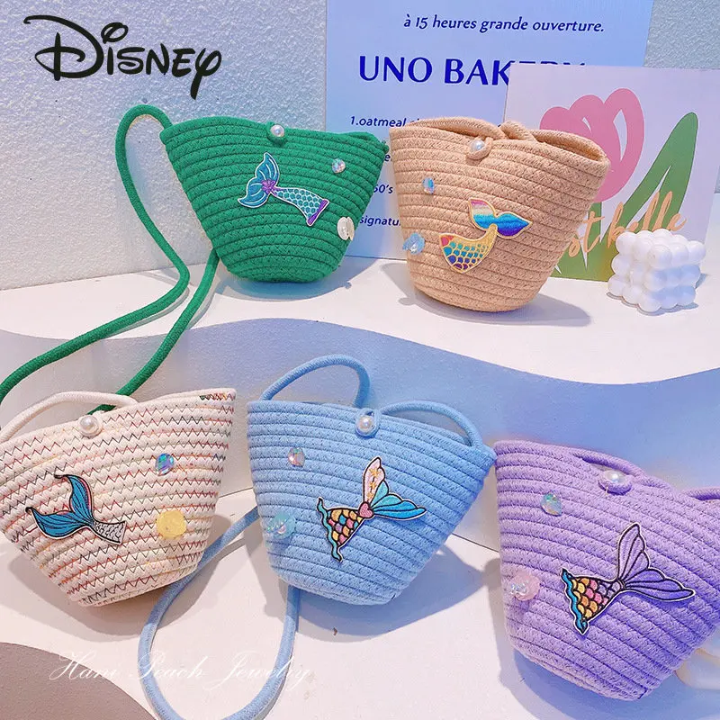 

Disney Mermaid New Cotton Thread Woven Bag Fashion Cartoon Beach Leisure Women's Bag Multi Functional Crossbody Mini Bag