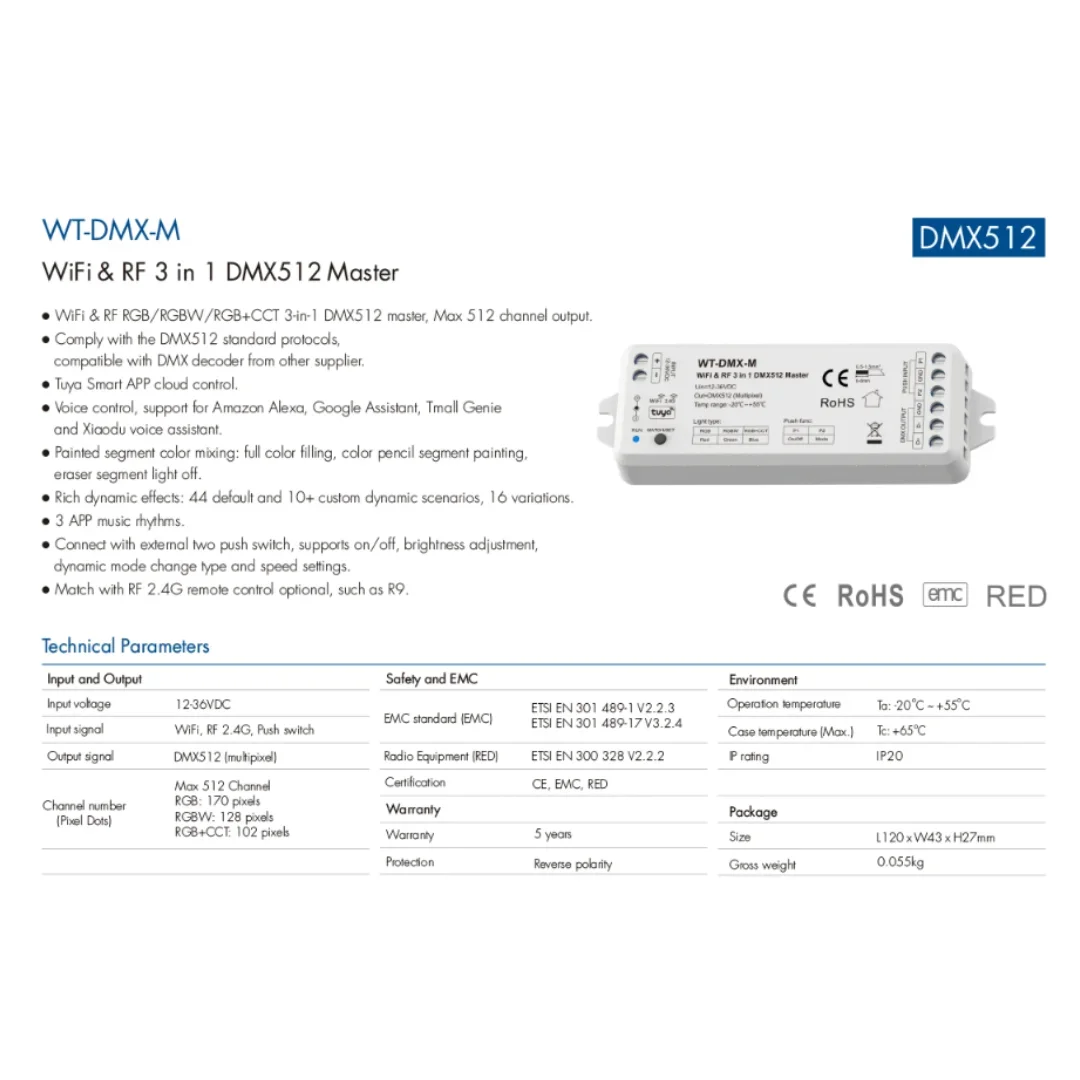 WiFi & RF 3-в-1 DMX512 Master DC12-36V RGB RGBW RGBCCT Pixel Multip Dynamic стандартные протоколы для Google Alexa Smart