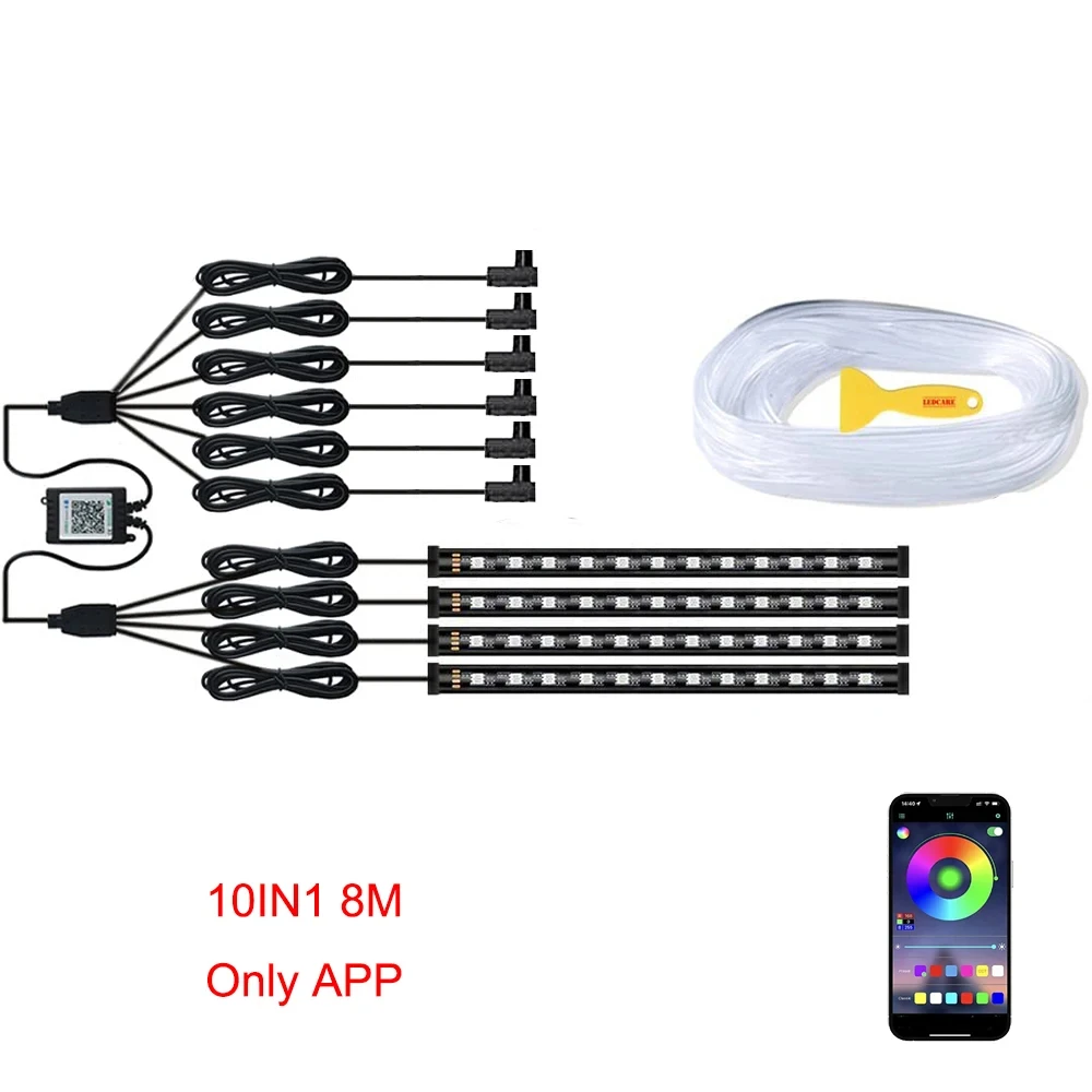 

Неоновая RGB LED Подсветка Салона Автомобиля 6-в-1 8м, Декоративная Лампа С Оптоволокном, Управление Через Приложение, Настро...