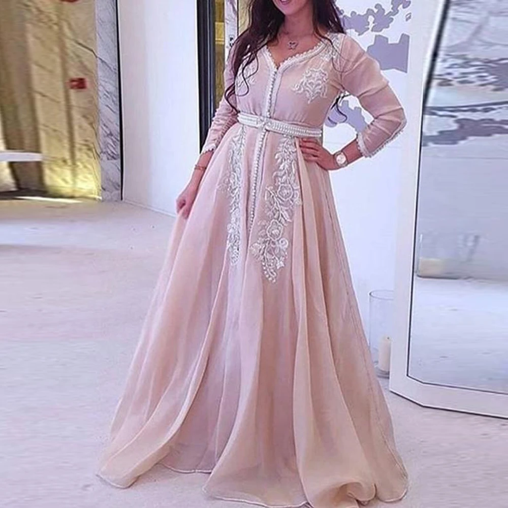 

Elegant Pink Muslim Long Sleeve Prom Evening Dresses for Women V-Neck Lace Appliques A-Line Saudi Arabia Formal Party Gown Robe
