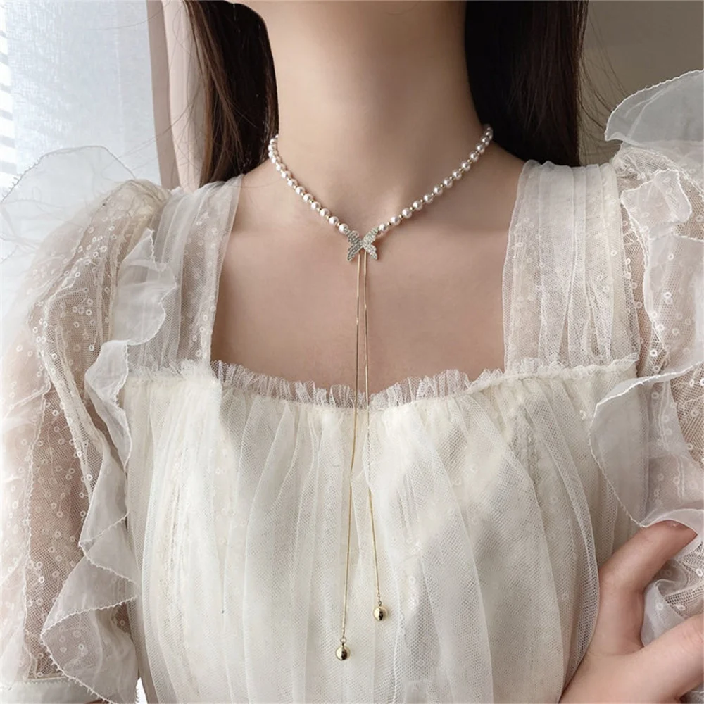 

2022 New Elegant Pearl Chain Metal Butterfly Tassel Long Necklace For Womans Fashion Jewelry Girl's Sweet Chokers Neck Chain