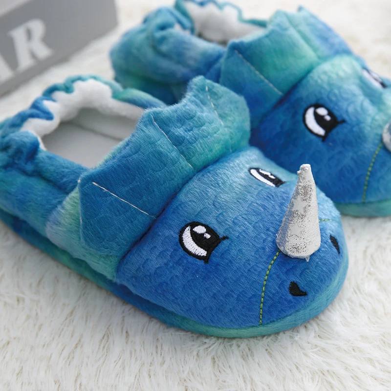 Тапочки детские зимние с 3D динозавром плюшевые мягкая резиновая подошва