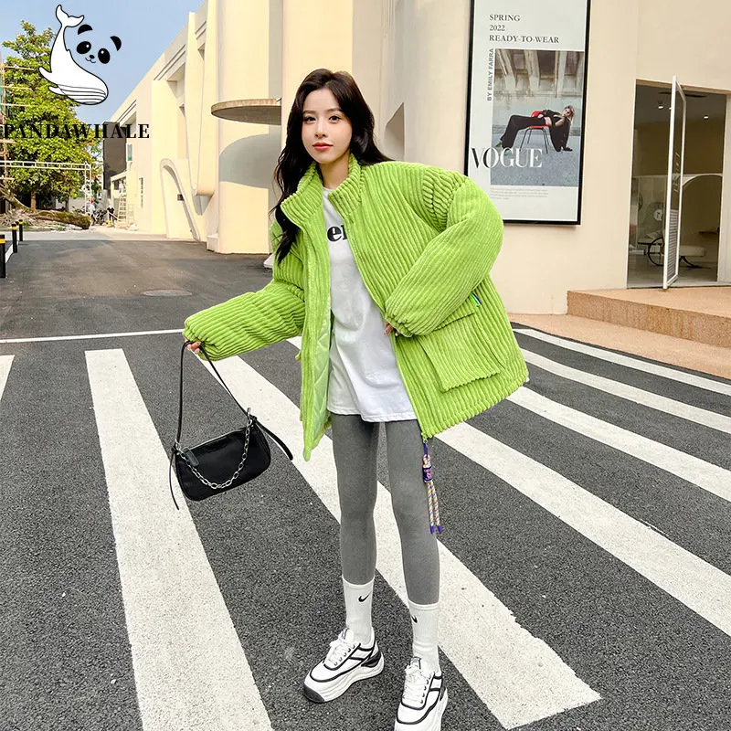 2022autumn Winter Down Cotton Coats Women Thick Warm Loose Tooling Corduroy Lovers Padded Jacket Famale Clothing Solid Parkas