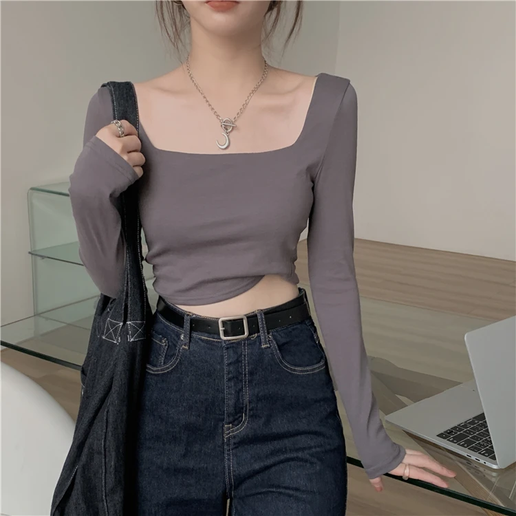 

002 new bottoming shirt women's short t-shirt slim thin long sleeve top