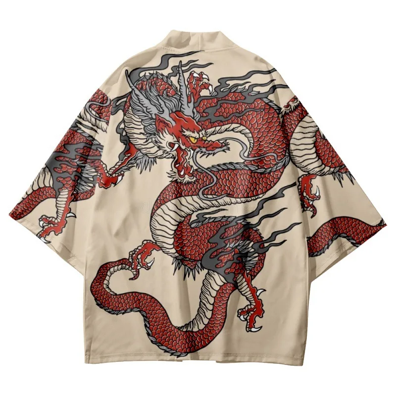 

Japanese Traditional Kimono Manga Dragon Print Vintage Cardigan Tops Samurai Yukata Male Female Streetwear Cosplay Haori