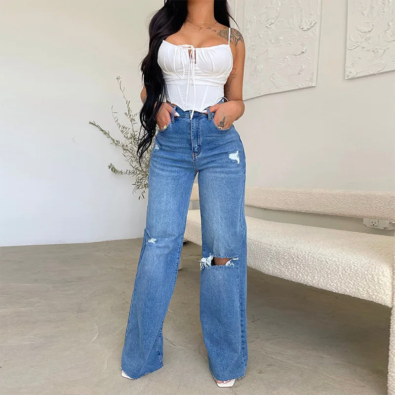 Blue High Waisted Women's Jeans Versatile Perforated Trousers Fashionable Comfortable Wide Leg Pants New 2023 Street Trendsetter