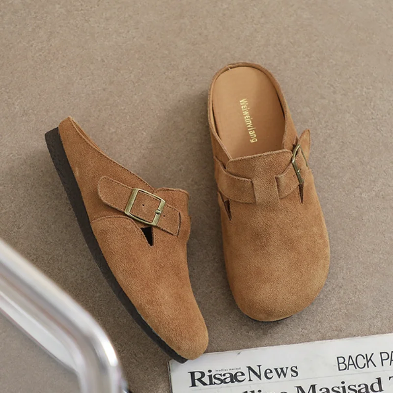 

Spring Leather Baotou Slippers for Women 2023 New Retro Heel Free Flat Shoes for Lazy Half Slippers Female Outwear Womens Shoes