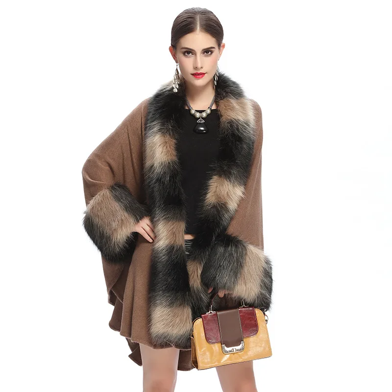 Autumn and winter oversize loose bicolor fox like wool collar knitted cardigan shawl coat