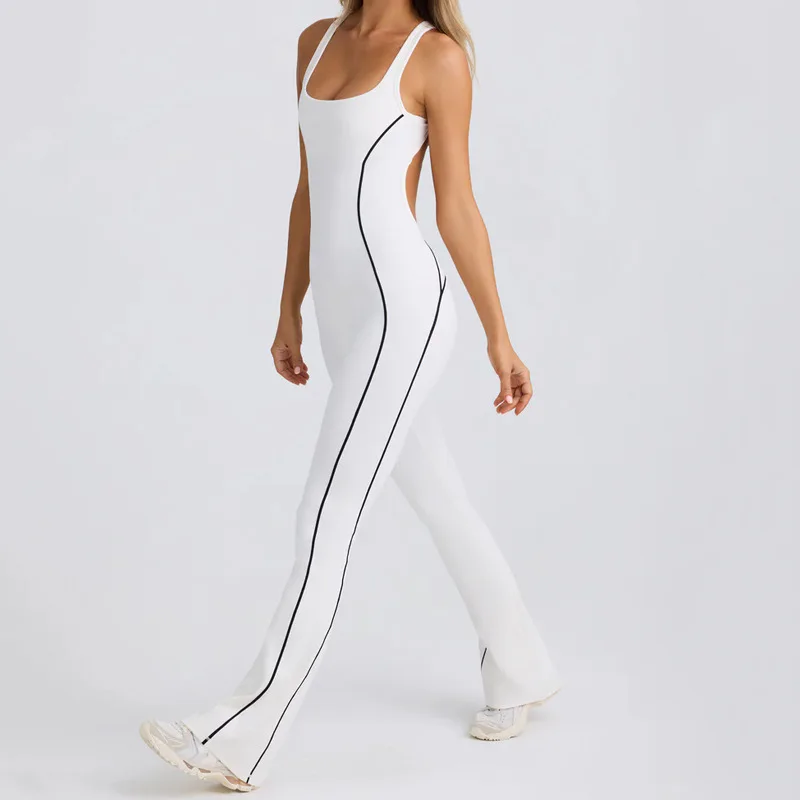 Новый комбинезон женский красивый с цветными блоками сзади телесный спортивный