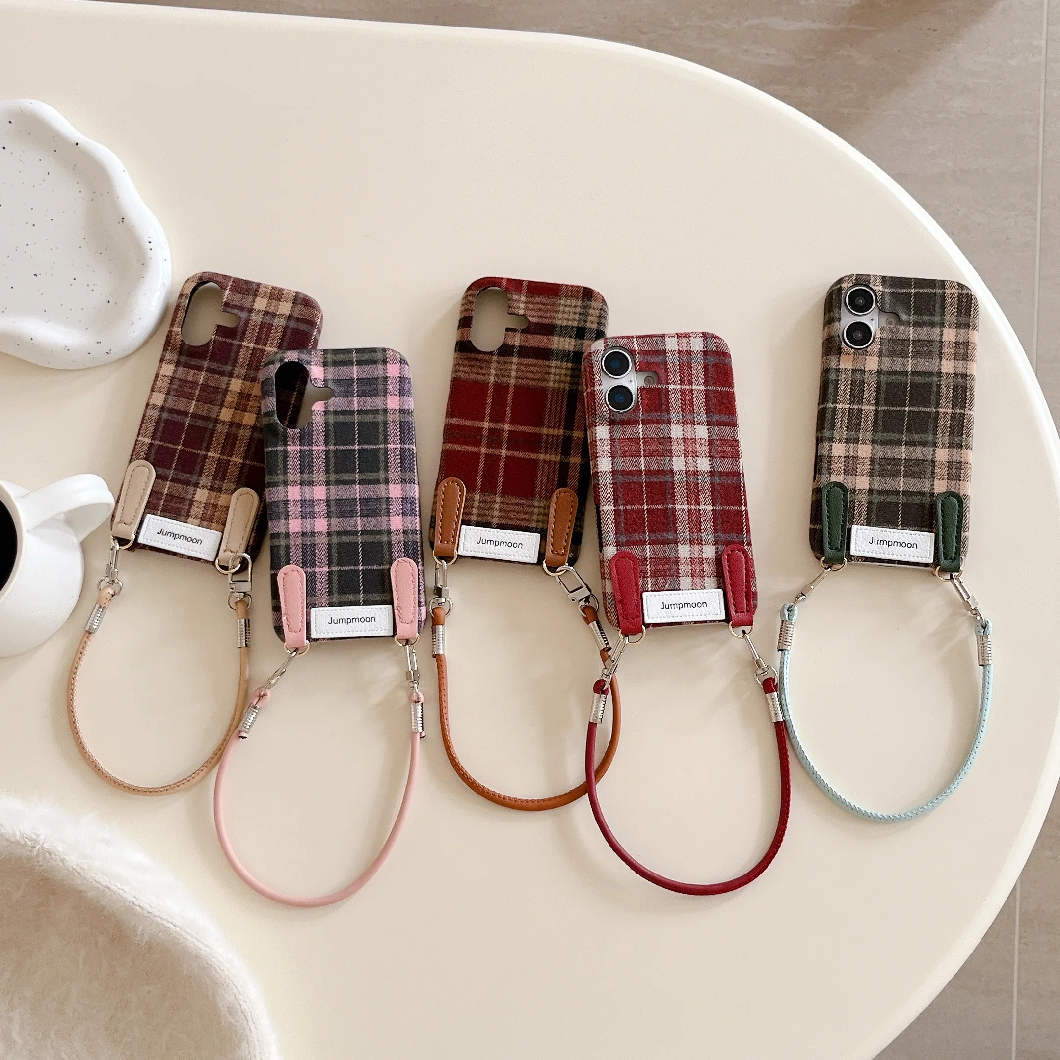 Korean INS Checker Cloth Texture Autumn Vibes With Wrist String Phone Case for iPhone 16 15 14 13 Pro Max Back Cover Capa