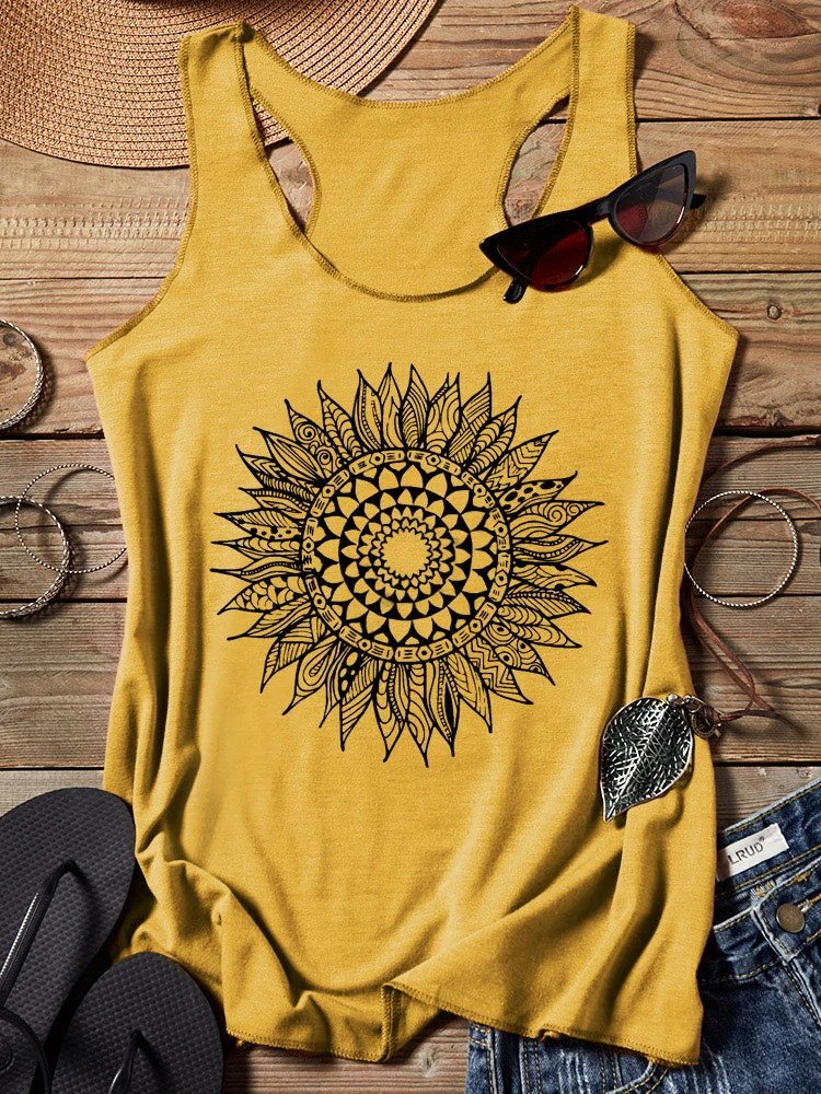 

Sunflower Racerback Tank Tops Beach Women Sleeveless Graphic Tees Shirts Summer Floral Print Vintage Casual Top Loose Vest Cami