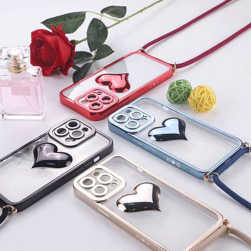 

Women Electroplating 3D Love Heart Phone Case With Strap For iPhone 11 12 13 Pro Max Transparent Crossbody Necklace Phone Cover
