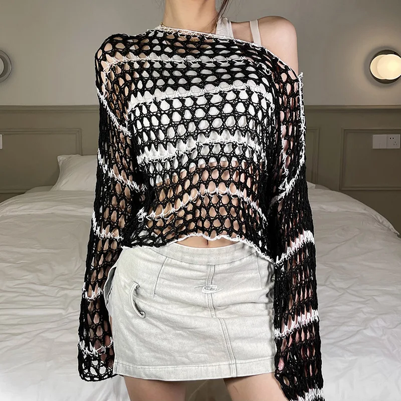 

Женский трикотажный свитер в полоску, с длинным рукавом