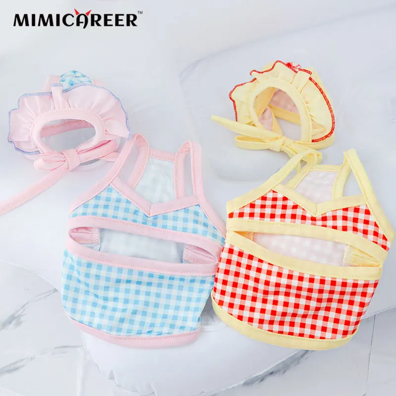 

Pet Vest Swimsuit Plaid With Basin Cap One-Piece Sling Swimsuit Transformation Outfit With Swimming Cap Bikini Dog Cat Clothes
