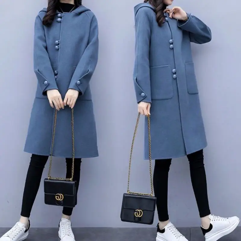 

Woolen Coat Women's Autumn And Winter Loose Windbreaker Mid-length Hooded Retro Woolen Coat Women