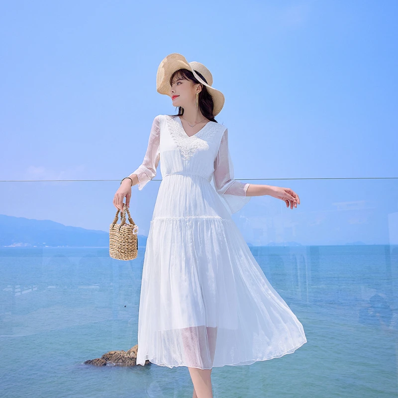 White Dress Women Clothing Light Thin Mid-length Summer Dress Women 2023 New Slim Holiday Beach Dresses for Women Vestido Zm3154