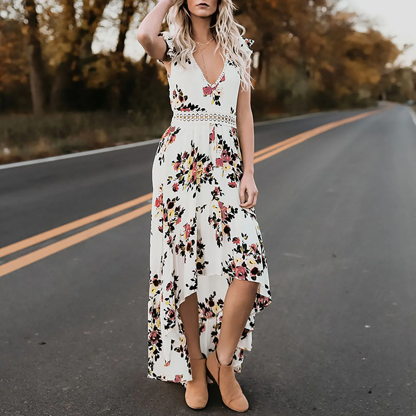 

Женское длинное платье без рукавов, повседневное пляжное платье с V-образным вырезом и цветочным принтом, лето 2022