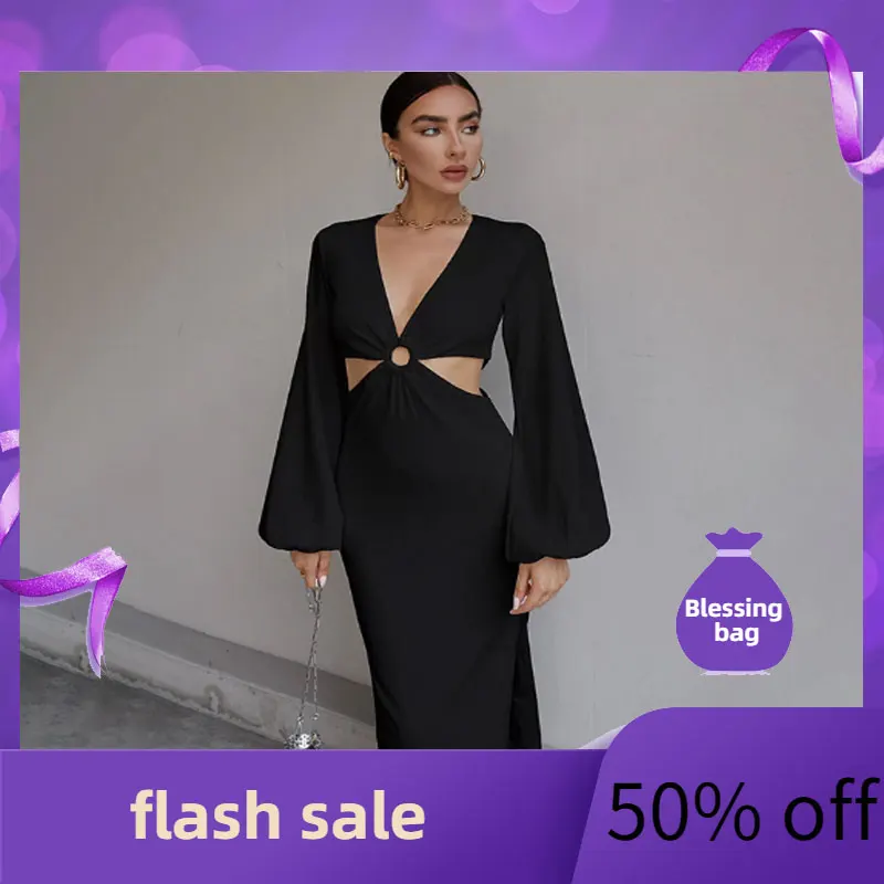 

Spring and summer 2022 new sexy V-neck hollow out temperament split high waist dress