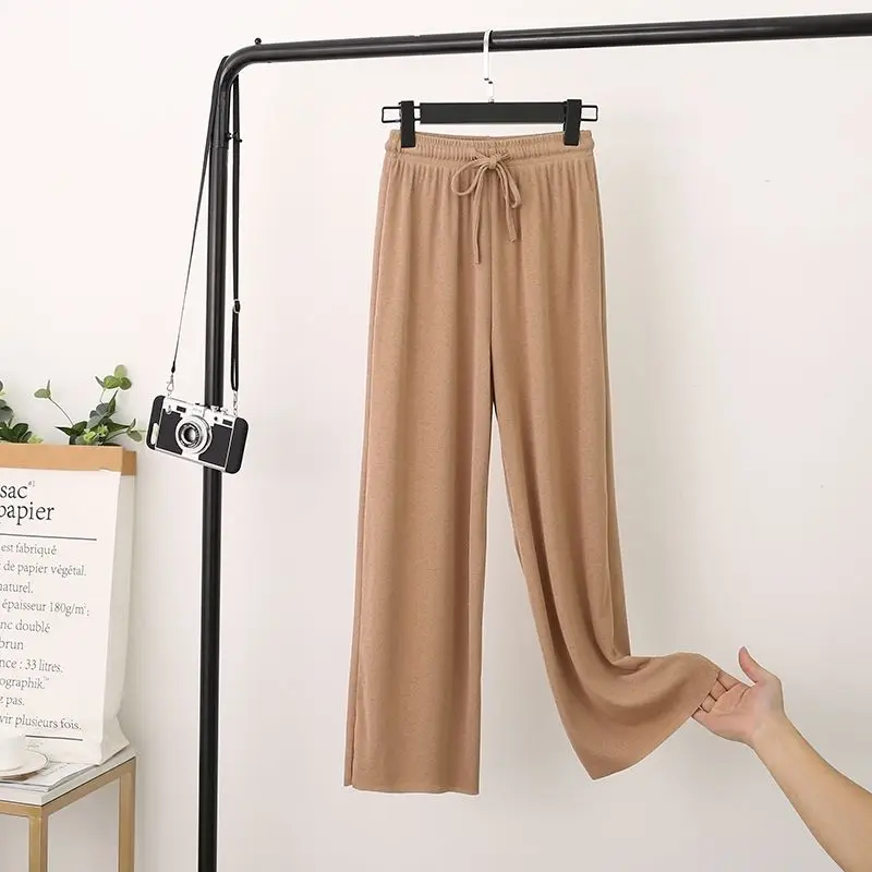 

Women Summer Thin Ice Silk Knit Trousers Seamless Drape Wide Leg Loose Pants Casual Elastic Waist Big Size Pants XXL J455