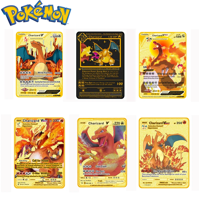 

Покемон Vmax из аниме, Золотая карточка, Charizard, 11 видов, макс., металлические карточки, V Vmax, коллекционная карточка, боевой подарок для детей, иг...