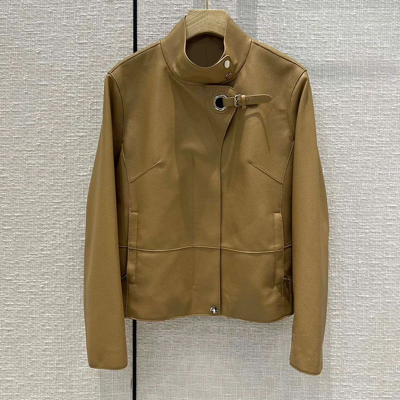 

22 Autumn Vintage 100% Sheepskin Jacket Women Runway Genuine Leather Stand Collar Hardware Ring Leather Buckle Outwear 2 Colors