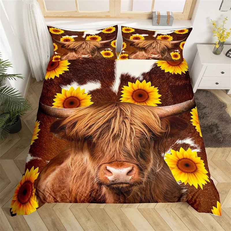 

Sunflower Highland Cow Duvet Cover Western Farm Animal Bedding Set Cowhide Comforter Cover Microfiber Twin King Queen Bedclothes