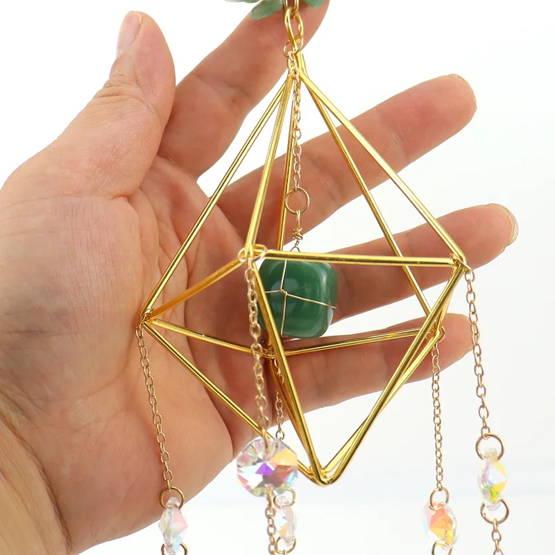 Copper Wire Wrap Rock Crystal Gravel Sun Catcher Lamp Stand Window Garden Hanging Decoration Handmade Natural Mineral Ornament