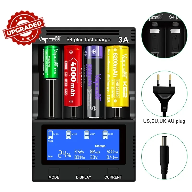 

Обновленная версия зарядного устройства Vapcell S4 Plus V3.0, 4 слота, 12 А, быстрое зарядное устройство с новым режимом хранения для AAA 18650 21700 26650