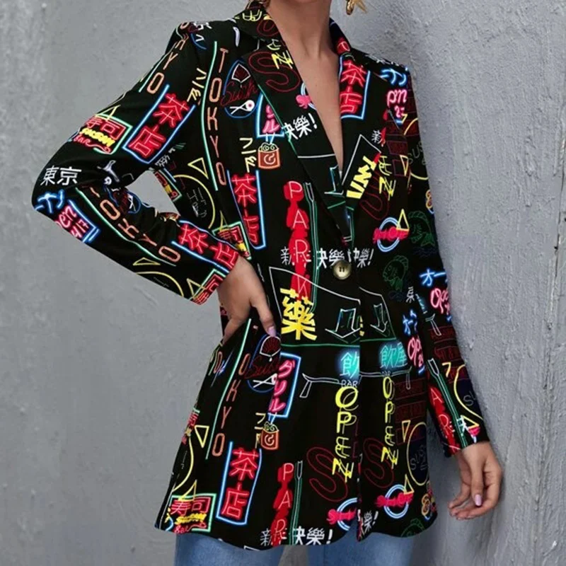 Printed Graffiti Fashion Lady Single Button Long Sleeve Suit Office Lady Loose Suit Commuter Elegant Casual Womens Blazer 2022