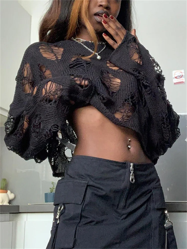 

Hollow Out Y2K Loose Knit Smock Pullovers Fashion Chic Oversized Cute Vintage Tops Ripped Grunge Clothes