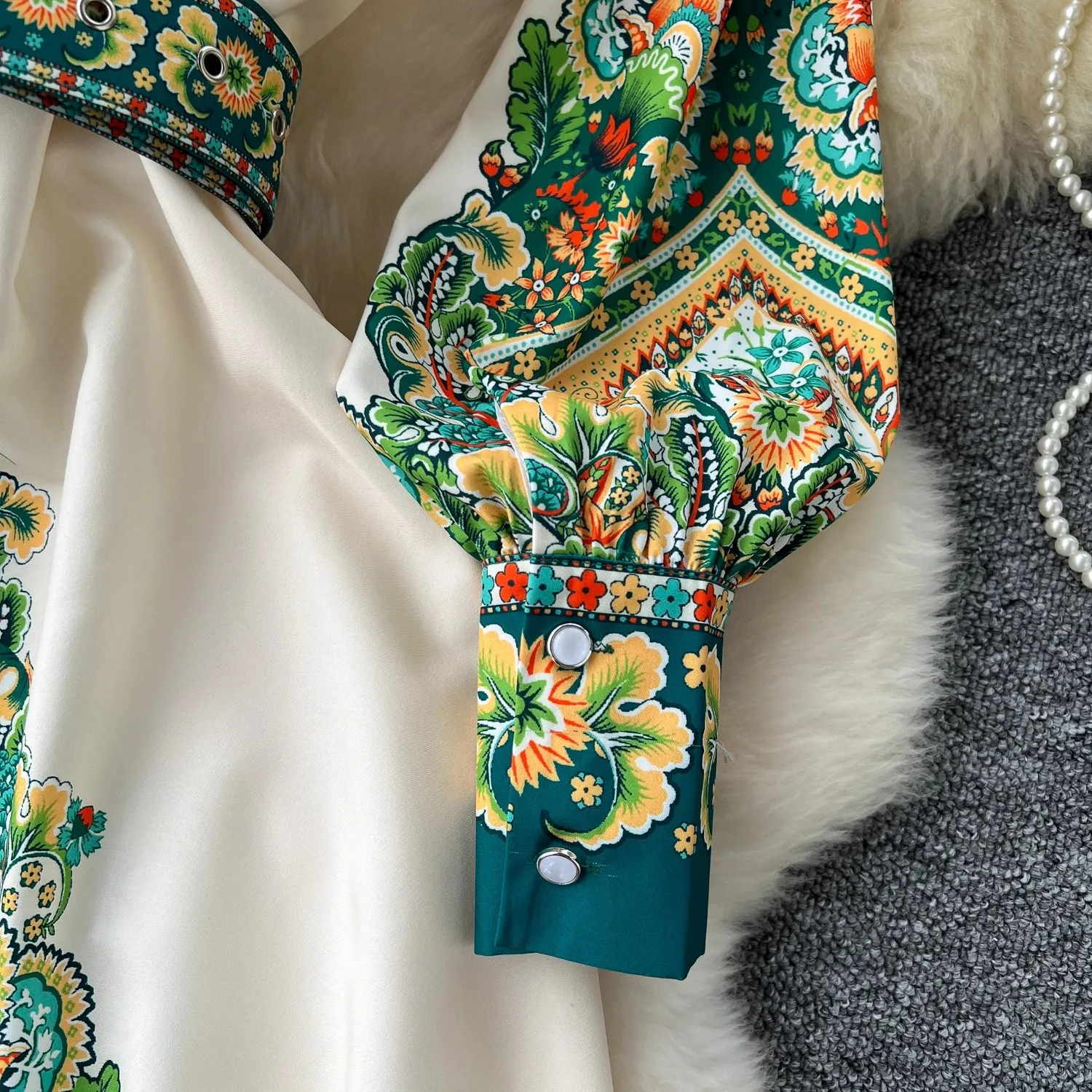 Женское богемное платье-макси с высоким воротником и рукавами-фонариками