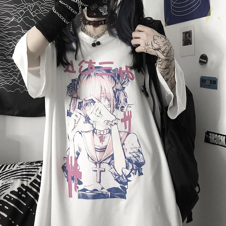 

Kawaii Japanese Anime T Shirt Women Summer Short Sleeve Tee Shirt Oversized T Shirts Grunge Aesthetic Hipsters Cute Girl Tops