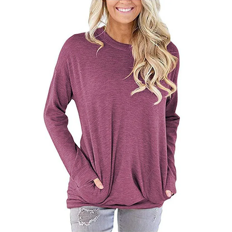 Spring Summer Women Sweater Long-sleeved Solid Color Loose Round Neck Pocket Long-sleeved T-shirt Women