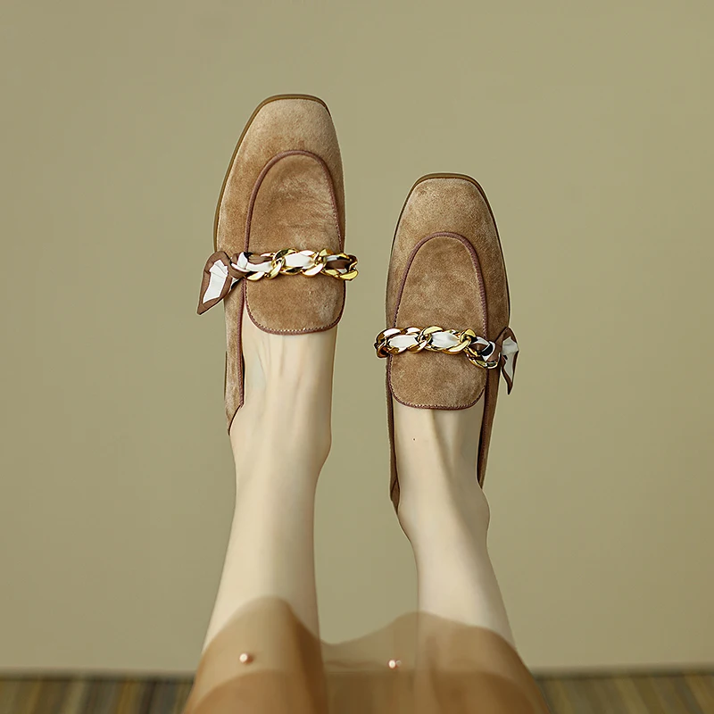Female Muller Shoes With Chains Round Toe Handmade Ladies Daily Loafers Flat Shoes Woman Slip On Kid Suede Outdoor Flats