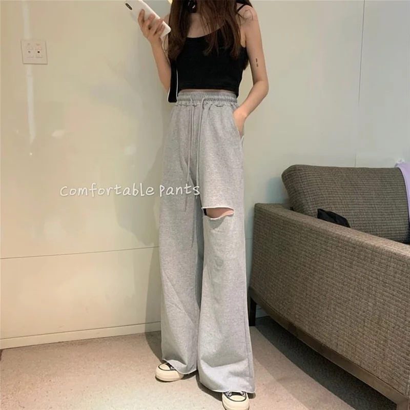 Summer New Solid Loose Broken Trousers Lacing Elastic Waist Simplicity Wide Leg Pants Casual Fashion Trend Women Clothing