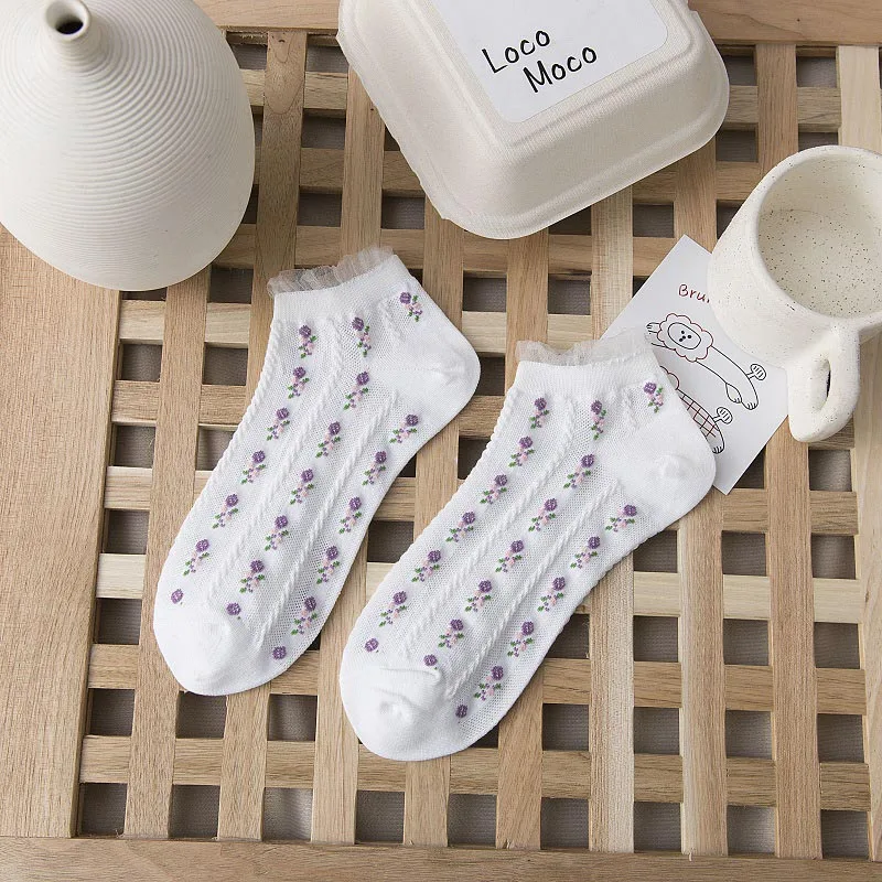 Винтажные кружевные весенне-летние женские носки небольшие цветочные до