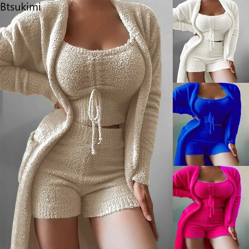 

3 Piece Sexy Women Sets Plush Velvet Pajama Sleepwear Tank Tops + Shorts + Cardigan Coat Tracksuit Loungewear Causal Outfits 3XL
