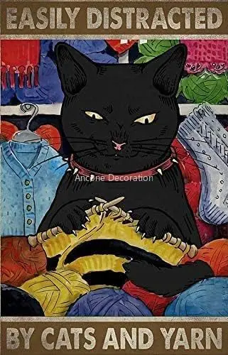 

Vintage Sign Easily Distracted By Black Cat And Yarn Animal For Home Coffee Wall Decor 12x8 Inch Retro Metal Tin Sign