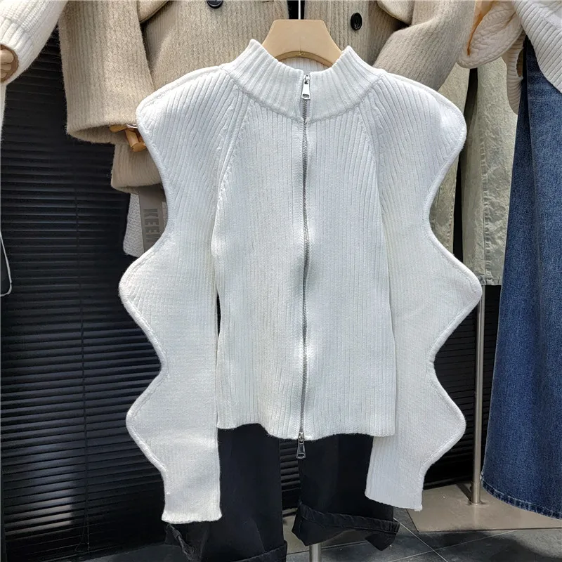 

SuperAen European New Design Ripple Zipper Knitted Jacket Women's Autumn and Winter New Casual Cardigan Sweater