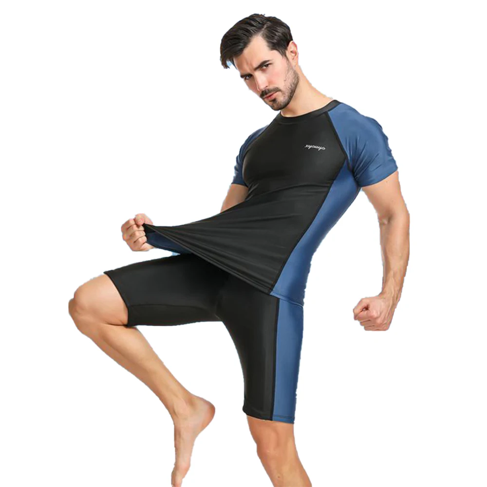 

New Men's Swimming Suit Quick-Drying Sun Protection Beach Split Short-Sleeved Surfing Suit Water Sports T-shirt Top And Shorts