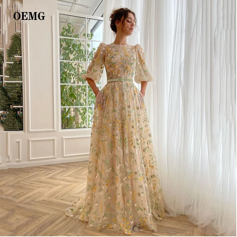 

OEMG Floral Beige Fairy Lace Prom Dresses Puff Sleeves Jewel Neck Evening Gowns Formal Party Occasion 2023 Vestido de fiesta