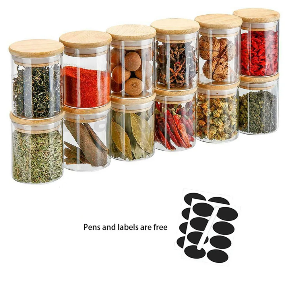 

12pcs Set Bamboo Cover Glass Jars Kitchen Container Sealed Jars Condiments Food Grain Snack Storage Jars With Labels