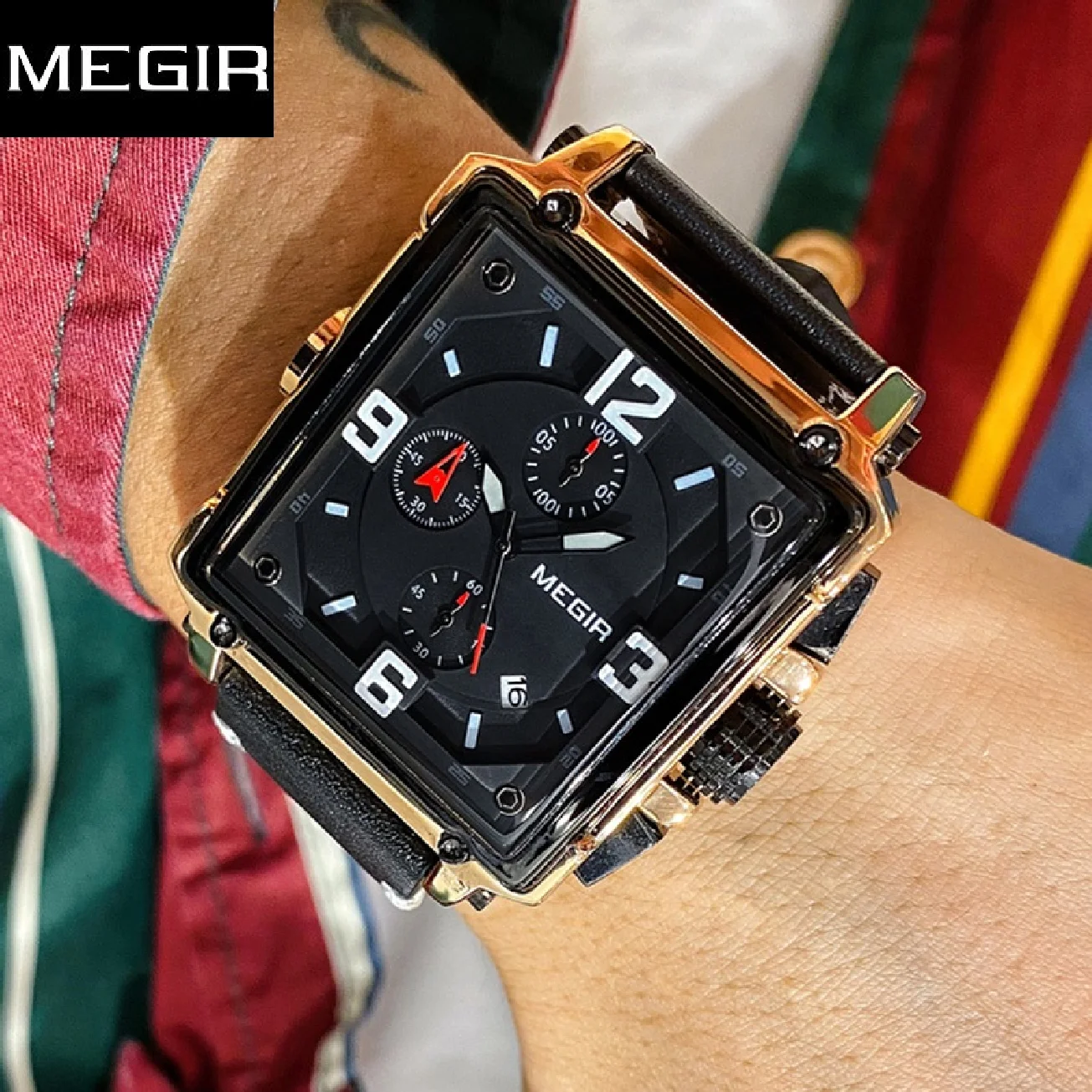 

MEGIR Creative Men Watch Top Brand Business Chronograph Rectangle Quartz Clock Leather Sport Army Military WristWatch Saat Date
